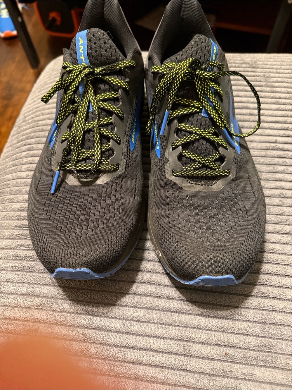 Brooks Men's Athletic Running Shoes in Black and Blue with Neon Green Laces